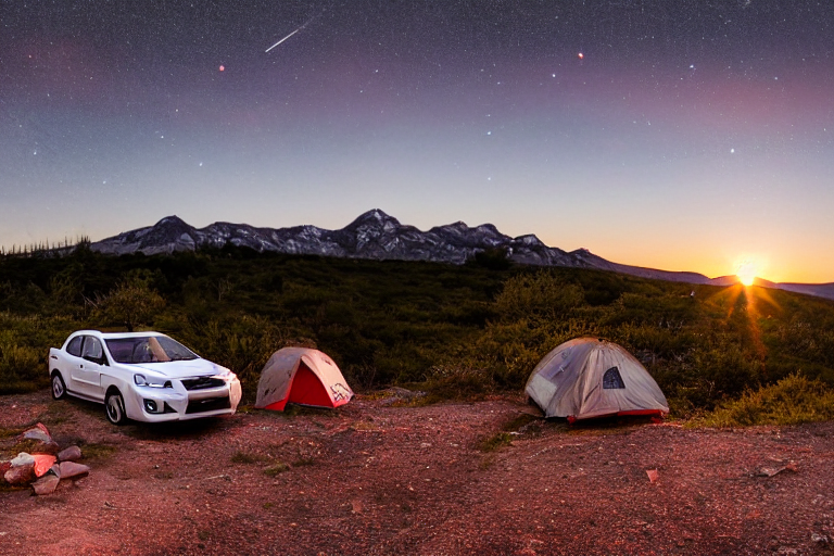 A red and white Subaru rests beside a warm campfire near a peaceful hot spring. Hikers enjoy the clear sunrise, while a rooftop tent rises above the car and the fading moon hangs in the sky. Smooth stones and a wide dirt clearing complete the scenic campsite.