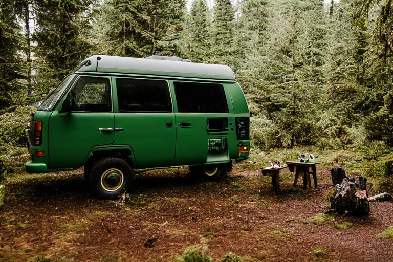 A green camper van rests on a quiet paved campsite on Vancouver Island. Soft golden light shines through the cloudy sky, while streams, fallen leaves, and a hiking path surround the area. A deer and a person with a flashlight can be seen in the distance.