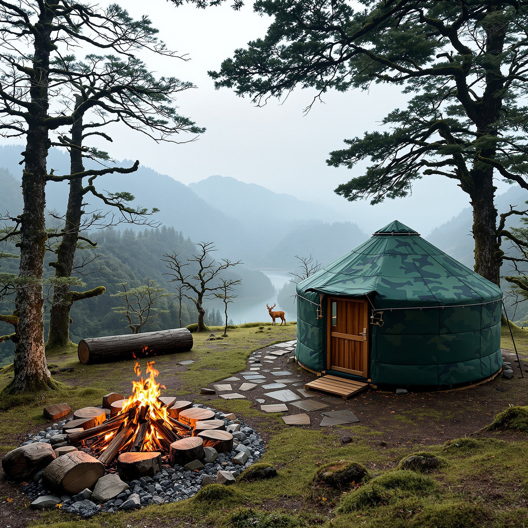 This cozy campsite sits by a calm lake and tall, misty mountains. A warm fire crackles beside a round green yurt, while a deer stands quietly near the trees. It's the perfect place to relax and enjoy nature.