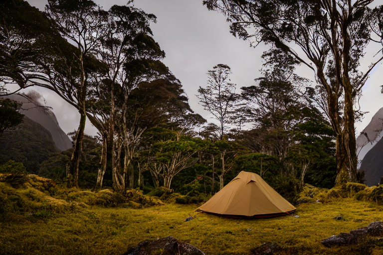 A tan tent rests on a quiet dirt campsite in Milford Sound, surrounded by bushes, small trees, and large stone slabs. Soft sunset light glows through the fog, while a distant camper’s flashlight adds a warm spark.