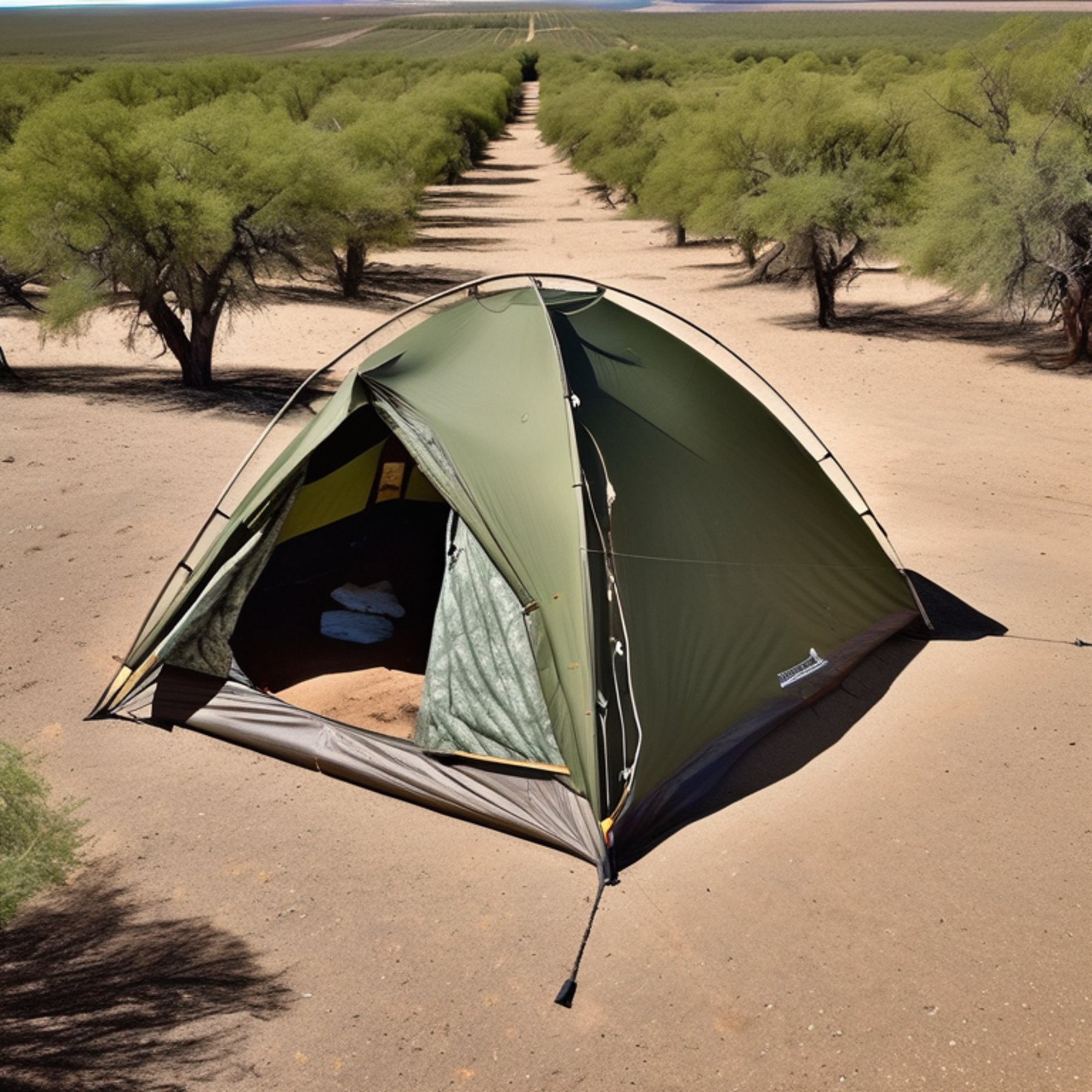 A green camo tent rests on a rocky dirt patch in the Idaho plains. Tall trees and thick bushes surround the quiet campsite beneath a clear blue sky.
