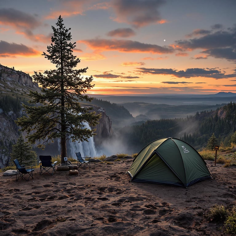 A green camo tree tent rests beside a rushing waterfall as the sun sets. Camping chairs sit nearby, with animal tracks in the dirt and a trail marker pointing the way. A pale moon rises over the peaceful, breezy campsite.