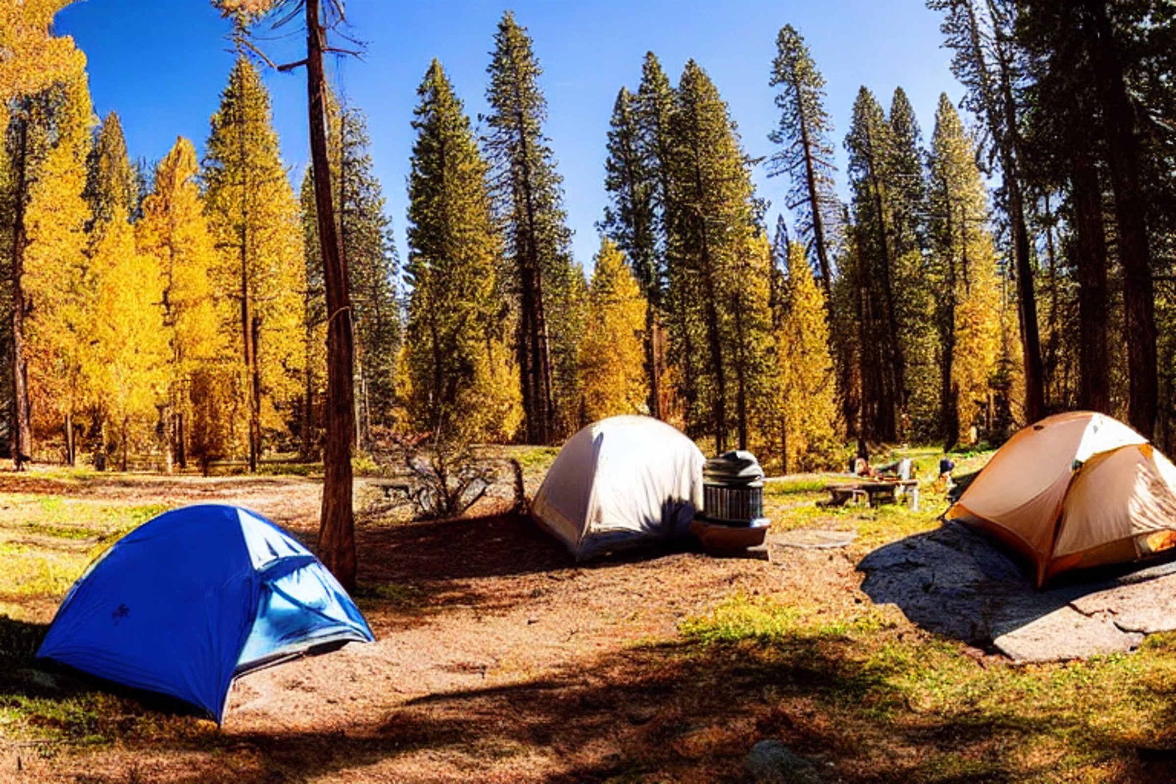 A tan tent rests in a sunny Yosemite campsite surrounded by bright fall trees. Waves roll nearby as surfers enjoy the clear day, while a guitar and camping stove sit ready for adventure.