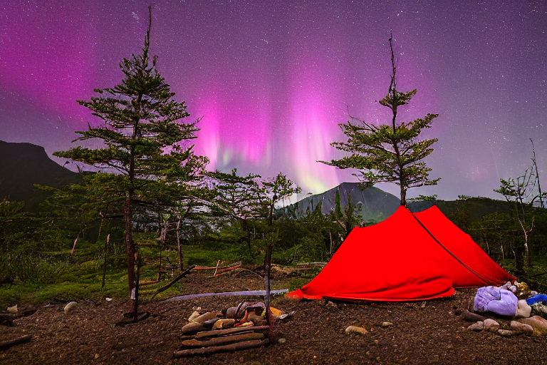 A red tent rests on a quiet dirt campsite beneath glowing northern lights. A small lantern shines beside stone slabs, while clothes sway on a nearby line in the stormy night air.
