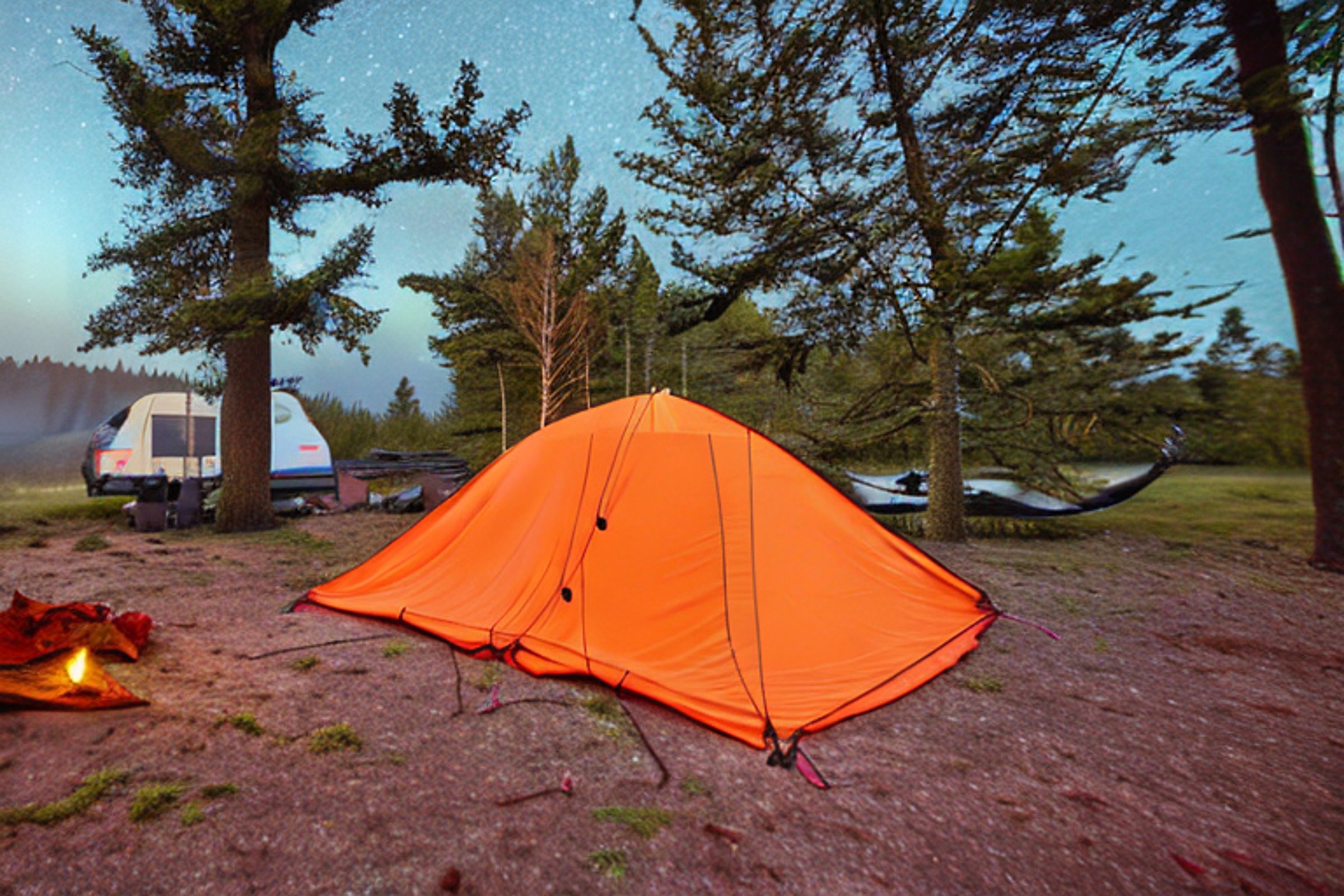 An orange tent rests on a quiet campsite beneath glowing northern lights. Fog drifts through mossy, fall-colored trees, while a warm hot spring steams nearby. A hammock hangs between the trees, with a wooden guitar resting on the ground.
