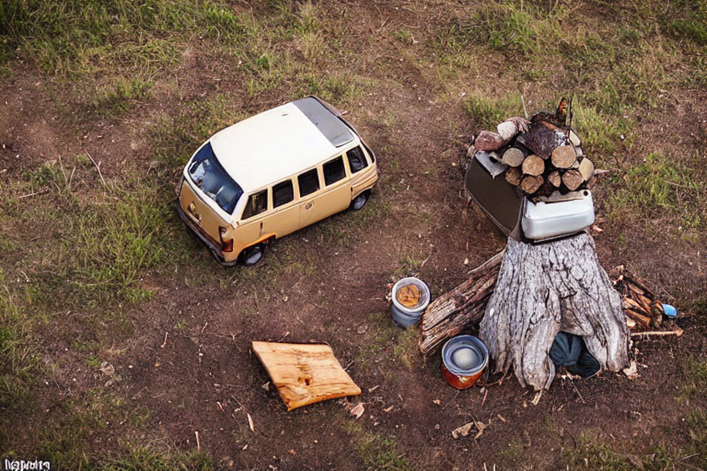 A brown campervan rests on a quiet campsite beneath a clear night sky. A warm campfire glows at the center, with logs, a guitar, and a small camping stove nearby. In the distance, a person’s flashlight shines across the open Idaho plains.