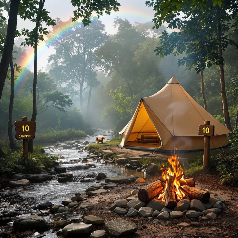 A cozy tent sits by a bubbling stream, surrounded by tall, leafy trees. A campfire crackles warmly, while a rainbow arches across the sky. A curious squirrel adds a touch of playful magic to this woodland escape.