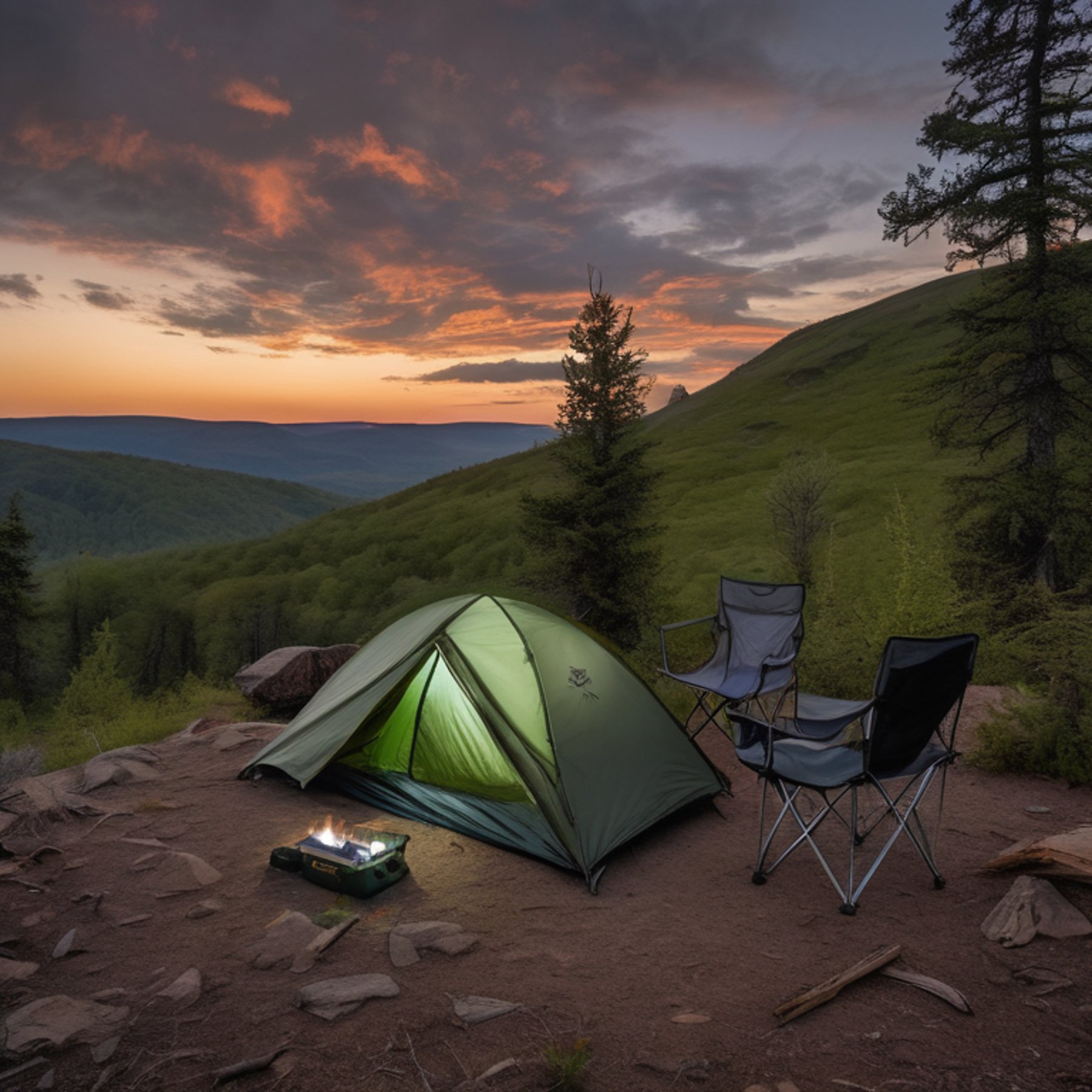 A green camo tent rests on a mountain campsite beneath a cloudy dusk sky. A warm campfire glows beside camping chairs, while a distant camper shines a flashlight. Twigs and dirt add a rustic touch to the peaceful setting.