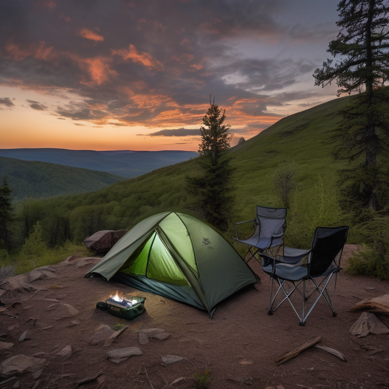 A green camo tent rests on a mountain campsite beneath a cloudy dusk sky. A warm campfire glows beside camping chairs, while a distant camper shines a flashlight. Twigs and dirt add a rustic touch to the peaceful setting.