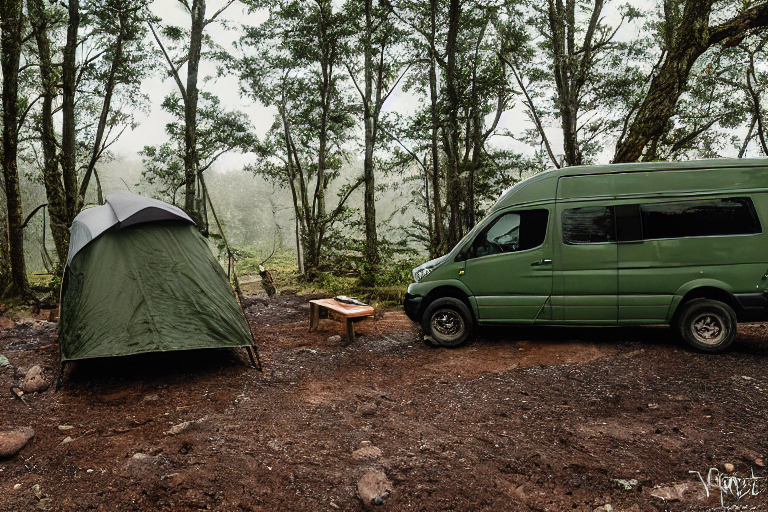 A green camo van rests at a quiet campsite on Minnesota’s North Shore. Golden light and soft fog surround the rough ground, while a campfire glows beside a large log. In the distance, a small tent shines with warm light.