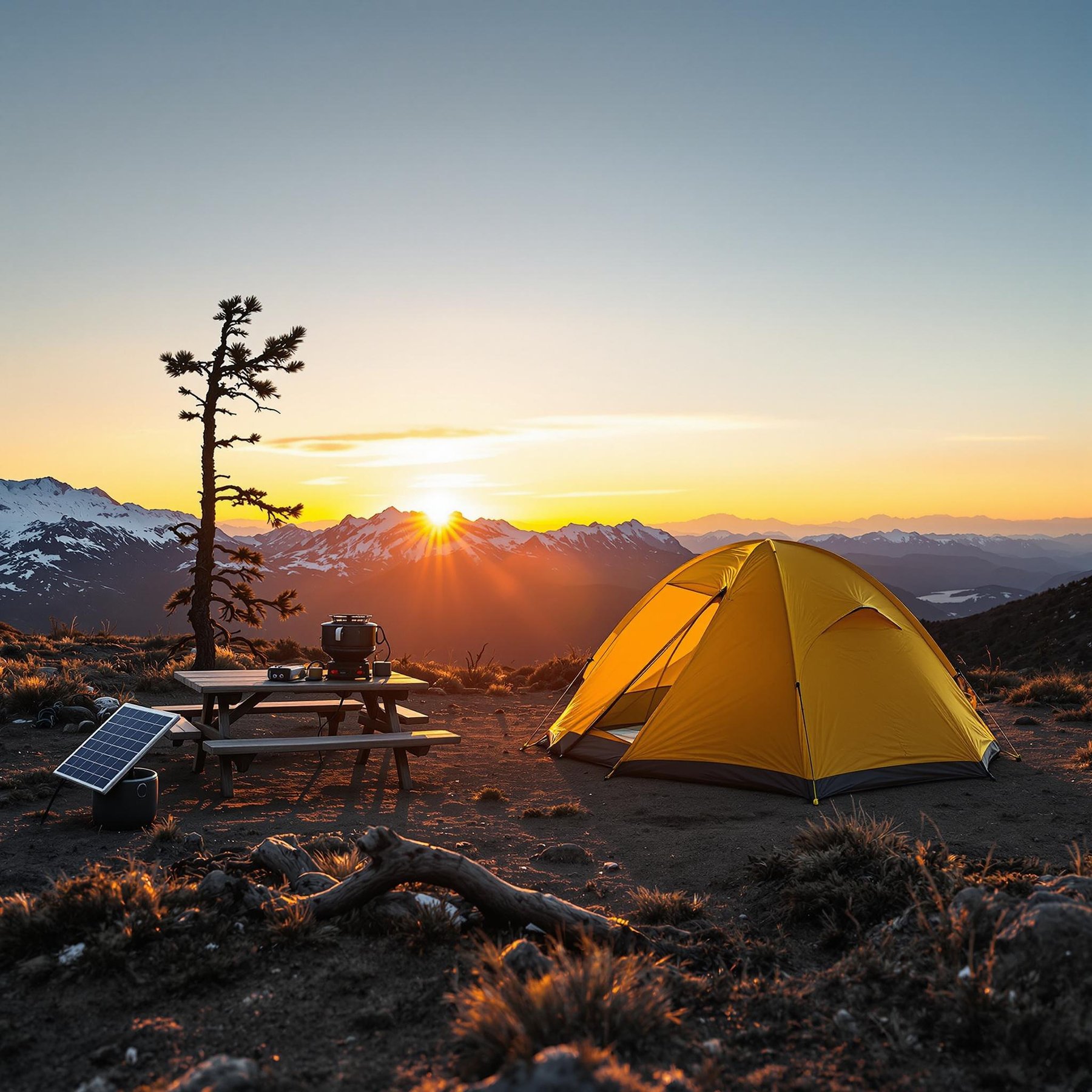 The campsite glows with a bright yellow tent under a sunset sky, surrounded by majestic snowy mountains. A picnic table and a lone tree add to the cozy outdoor feel. It's the perfect spot to watch the sun dip behind the peaks.