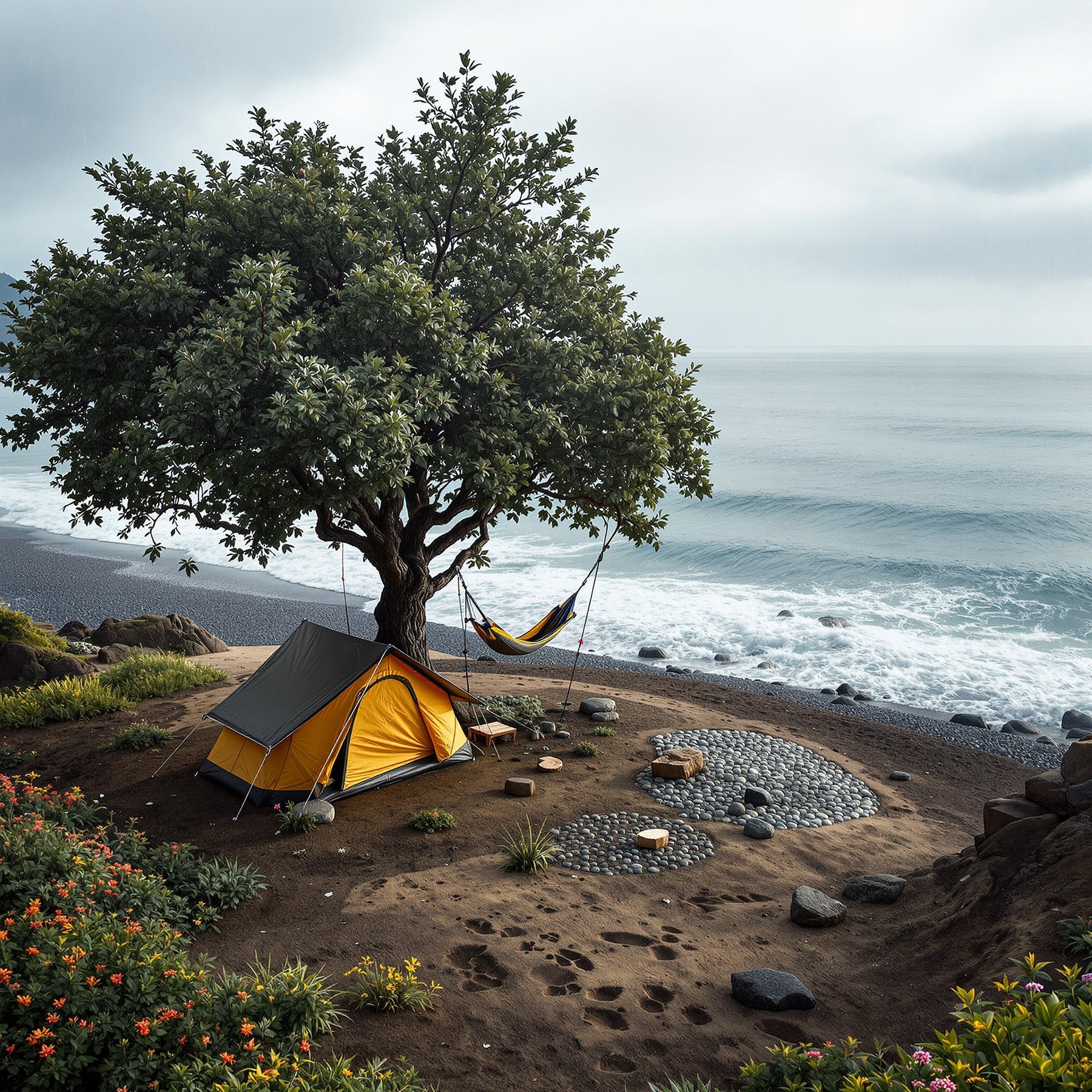 This cozy campsite sits by the ocean, shaded by a big tree with a hammock swinging in the breeze. Waves gently crash nearby while flowers and soft sand surround the yellow tent. It’s a peaceful place to relax and enjoy nature.
