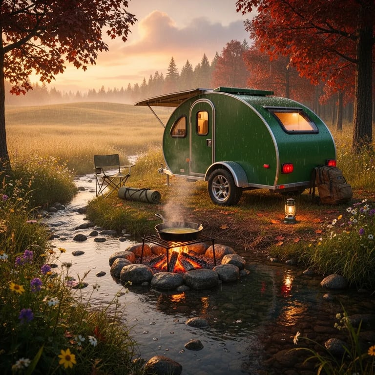 You peek out from your cozy tent to see a tiny green trailer by a clear, winding stream. Soft golden light glows on red and amber trees while a gentle drizzle makes the air misty. A small campfire crackles with a skillet over the glowing coals. Wet grass, wildflowers, and scattered gear make it feel like a secret forest hideout.
