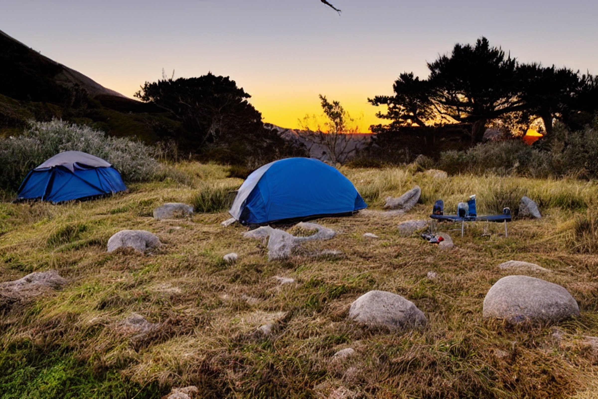 A gray-blue tent rests on a dirt campsite in Big Sur, surrounded by tall grass and scattered stones. A picnic table sits nearby as storm clouds gather, while the setting sun glows beneath a pale moon.