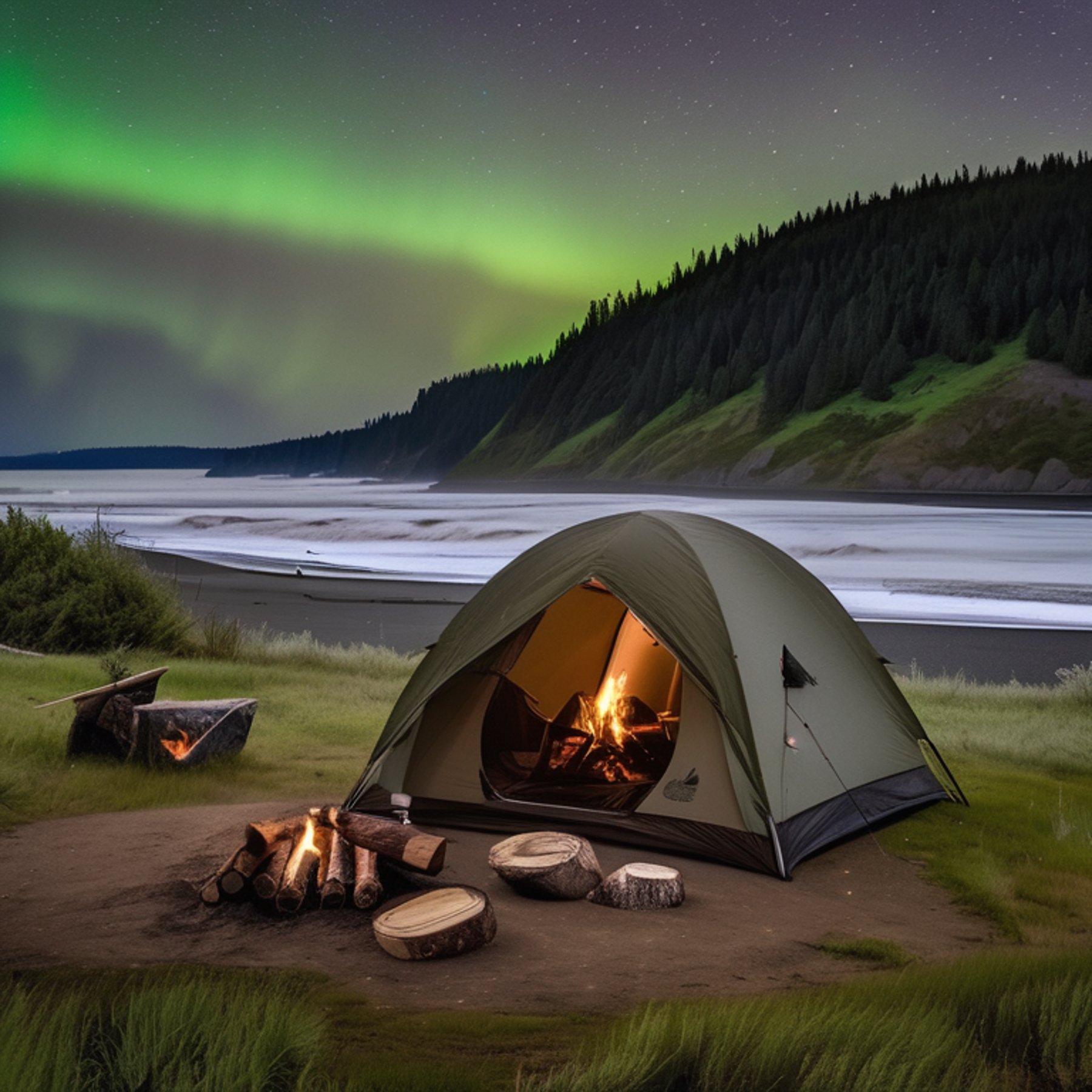 A green and tan tent rests on a dirt clearing beside a glowing campfire. Rolling hills and rainy skies surround the campsite, while stars peek through the clouds and a deer watches from far away.