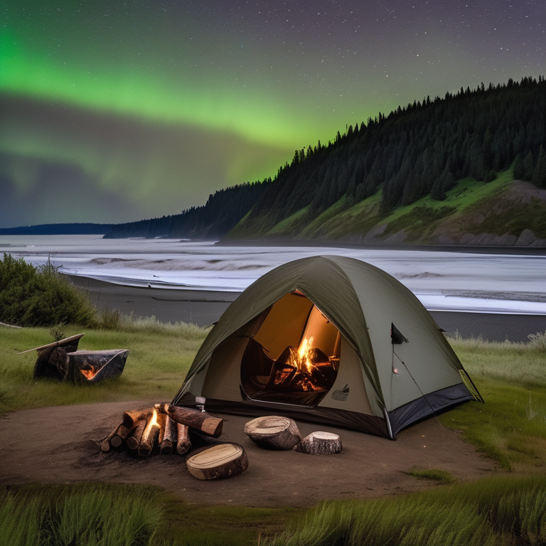 A green and tan tent rests on a dirt clearing beside a glowing campfire. Rolling hills and rainy skies surround the campsite, while stars peek through the clouds and a deer watches from far away.