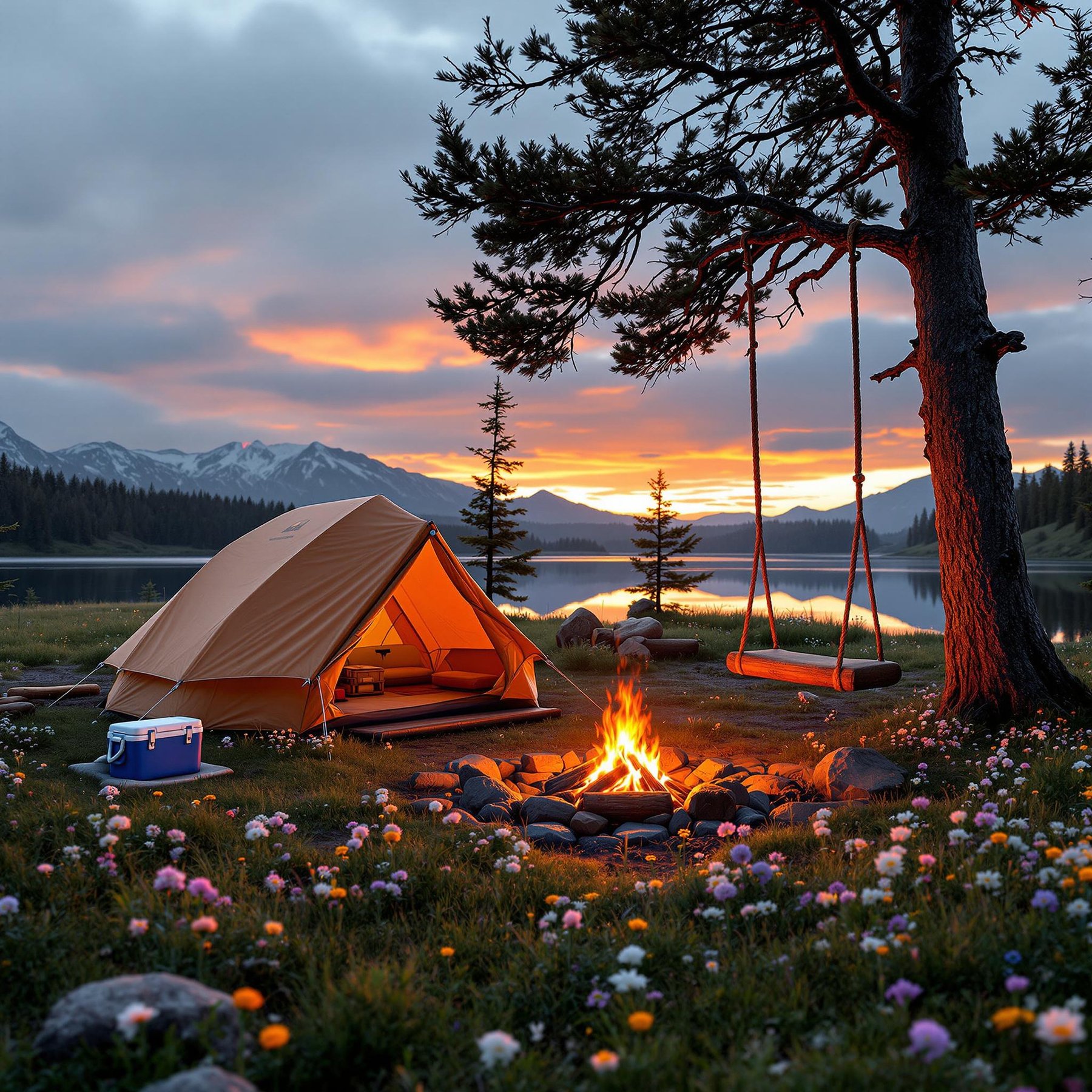 This cozy campsite sits beside a calm lake with tall mountains in the background. Wildflowers cover the ground, and a warm campfire glows near a tent and a tree swing. The sky is bright with color as the sun sets, making everything feel peaceful and magical.