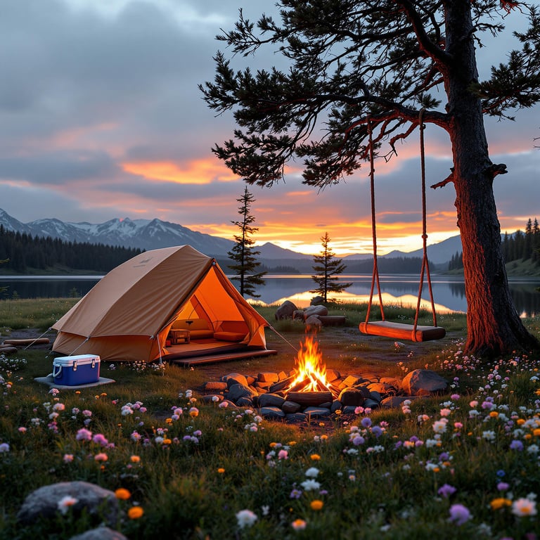This cozy campsite sits beside a calm lake with tall mountains in the background. Wildflowers cover the ground, and a warm campfire glows near a tent and a tree swing. The sky is bright with color as the sun sets, making everything feel peaceful and magical.