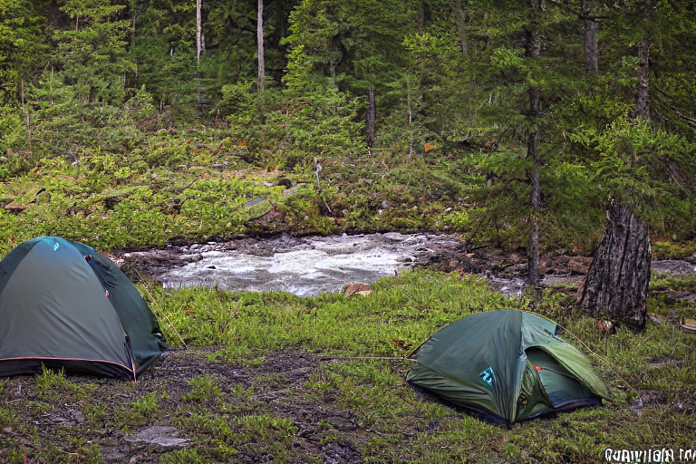 A green camo tent rests beside a crackling campfire on a snowy dirt clearing in North Shore, Minnesota. Camping chairs face the warm sunset, while a small stream winds through the campsite. Surfers add a playful touch to this peaceful outdoor scene.