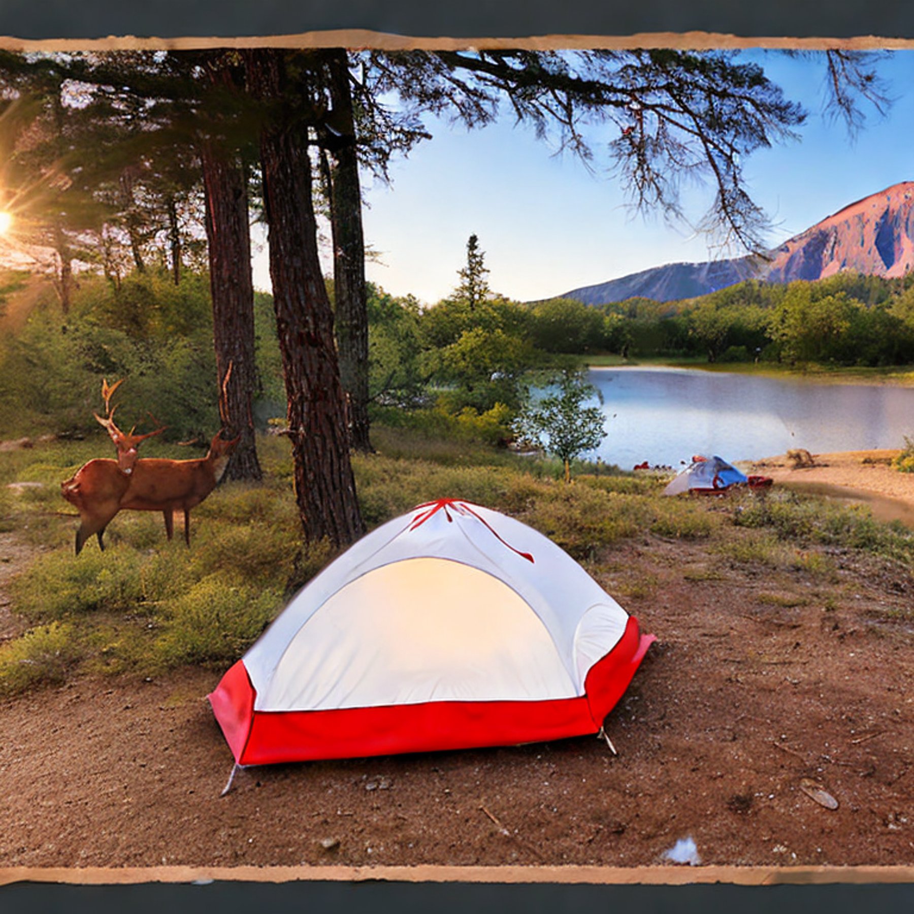 A red and white tent rests beside a quiet river as the sun rises over the mountains. Tall trees surround the paved campsite, while a deer stands in the distance. A small lantern glows near the dirt patch under a clear sky.