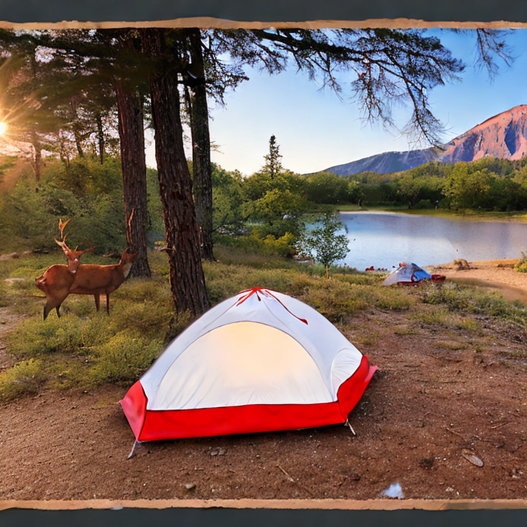 A red and white tent rests beside a quiet river as the sun rises over the mountains. Tall trees surround the paved campsite, while a deer stands in the distance. A small lantern glows near the dirt patch under a clear sky.