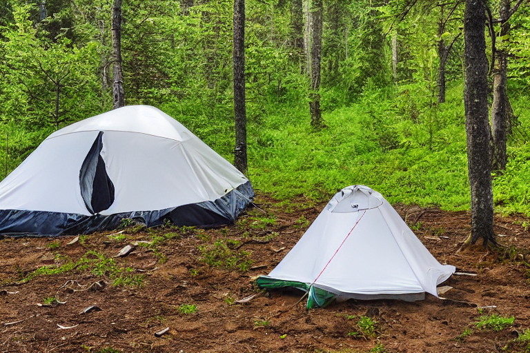 A white tent rests beside a small campfire on a rainy North Shore campsite. Fallen leaves cover the ground, while a dirt path leads through the trees to a deer in the distance. A backpack sits near the tent, adding to the peaceful woodland scene.