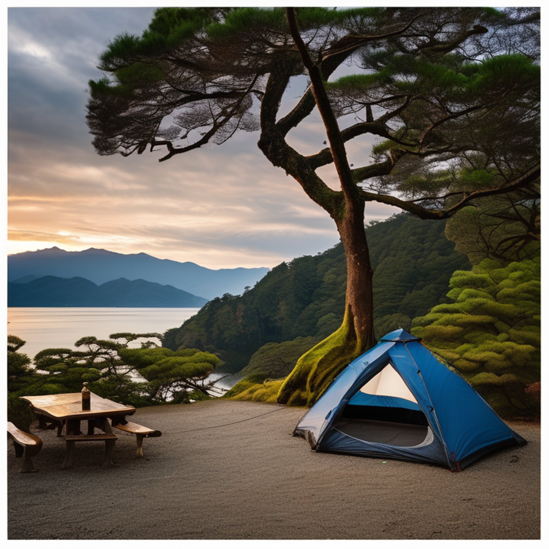 A black tent rests beside a small stream at a quiet campsite in Miyajima, Japan. Mossy trees, camping chairs, and a dirt patch add a cozy feel, while golden light shines beneath cloudy skies and a pale moon.