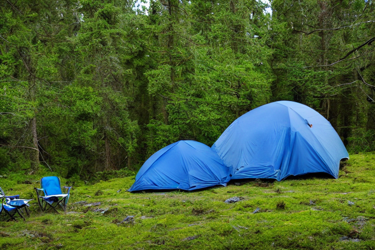A blue-gray tent rests on a dirt patch beside a quiet creek. Mossy trees and rolling hills surround the campsite under a stormy dusk sky. Camping chairs sit nearby, while a distant camper’s flashlight glows softly.