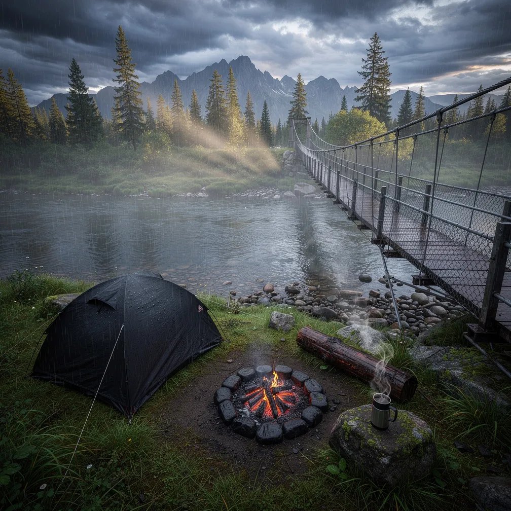 A black tent sits by a misty river as rain taps softly on the wet grass and stones. A small fire ring still glows, with a damp log and a cup of hot coffee resting on a flat rock. Tall pine trees and faraway mountains fade into a stormy dawn sky, making the whole place feel quiet and wild.