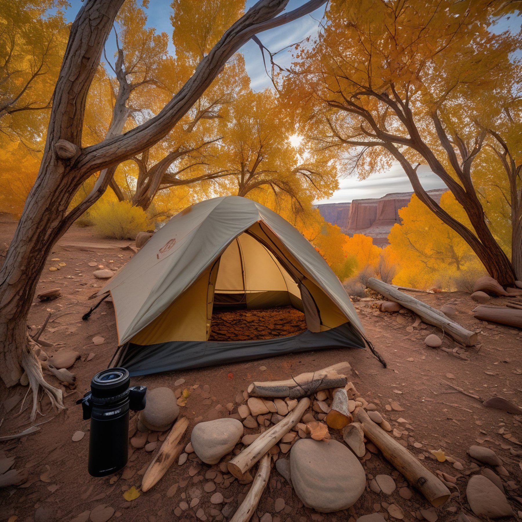 A beige tent rests among fall-colored trees in the misty hills of Capitol Reef. A small campfire glows beside the tent, with a bicycle nearby and binoculars hanging from a branch. Dusty air and soft fog create a quiet, peaceful mood.