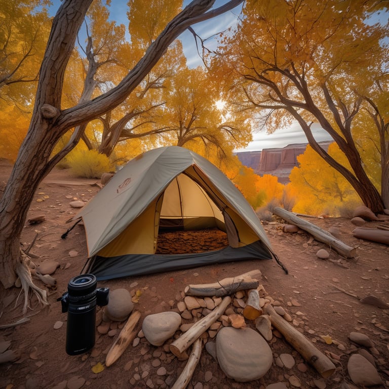 A beige tent rests among fall-colored trees in the misty hills of Capitol Reef. A small campfire glows beside the tent, with a bicycle nearby and binoculars hanging from a branch. Dusty air and soft fog create a quiet, peaceful mood.