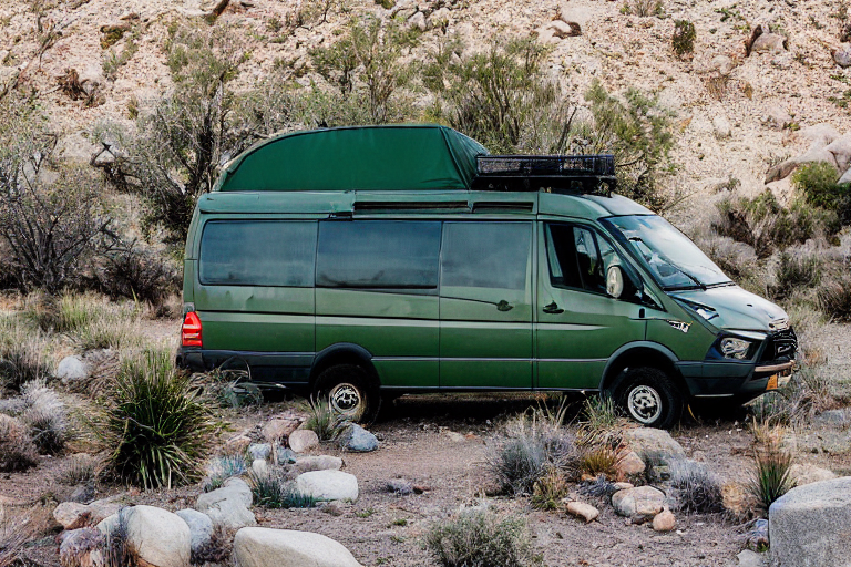 A green camo van rests at a quiet dirt campsite in Joshua Tree National Park. Tall grass, small flowers, and stones surround a picnic table as the sun sets through the snowy air.