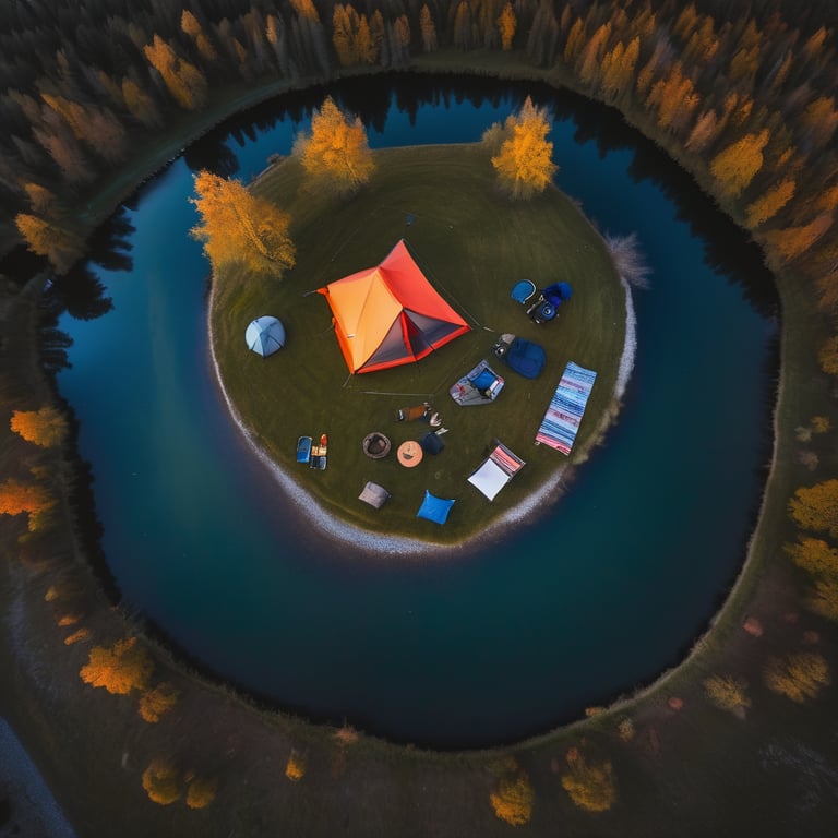 A colorful tent rests beside a quiet lake as soft blue evening light settles over the snowy campsite. A picnic table, camp chairs, and gear sit nearby, with a map and compass ready for adventure. High above, a shooting star streaks across the sky.