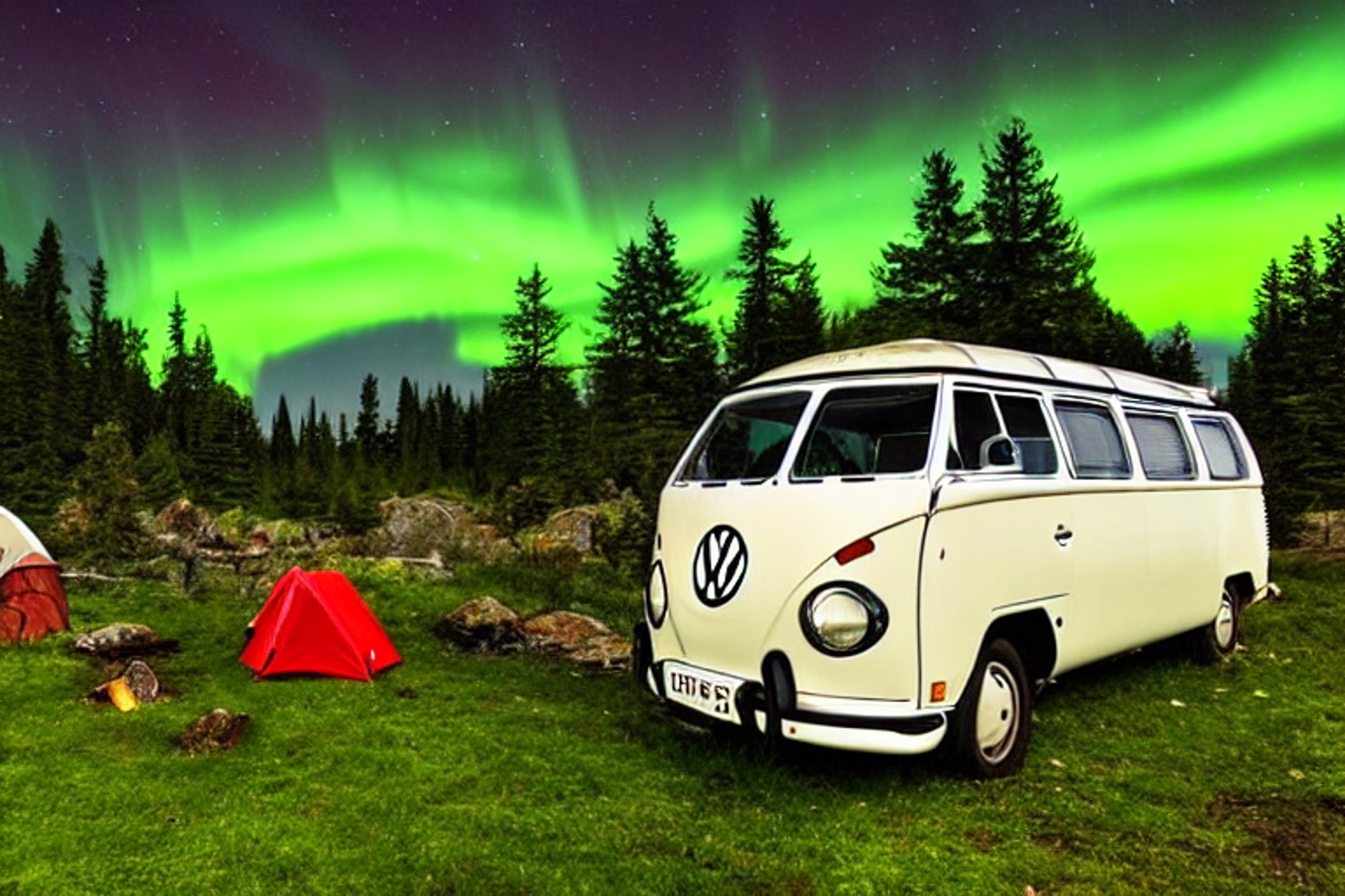A cozy VW campervan rests beside a warm campfire under a glowing aurora. Small trees, boulders, wildflowers, and a nearby hot spring make this quiet campsite feel magical.