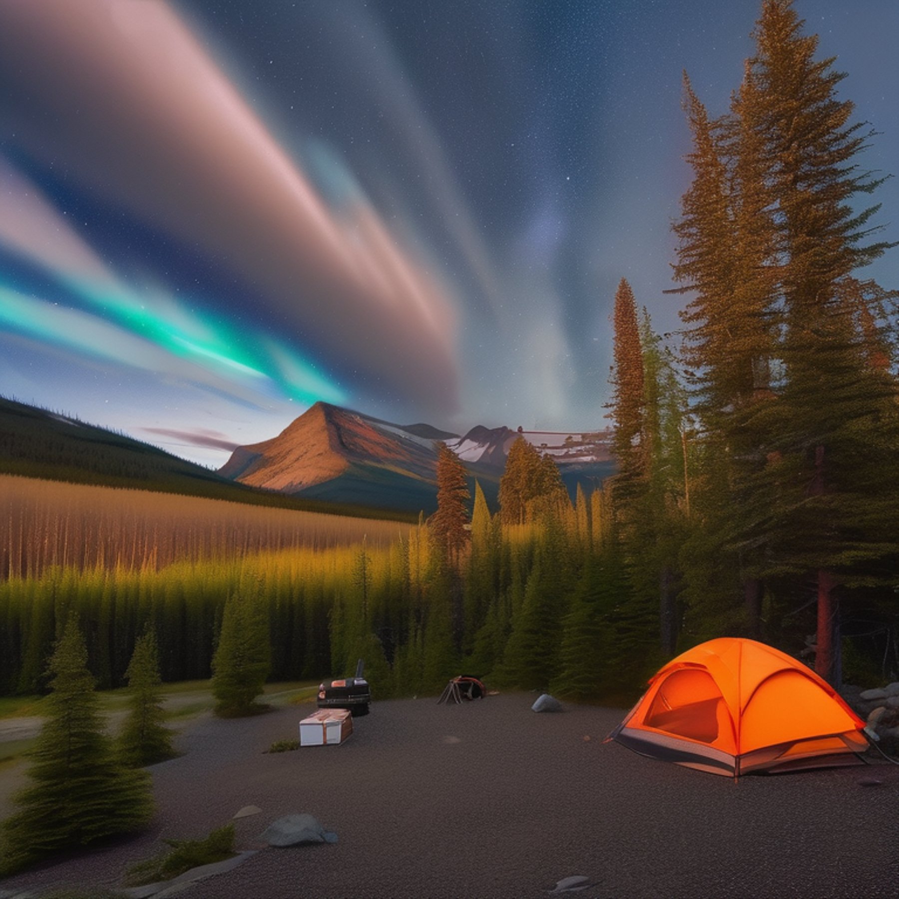 A gray and orange tent rests on a quiet dirt campsite beneath glowing green and purple northern lights. Tall trees surround the camp, with stone patches and a box of gear nearby.