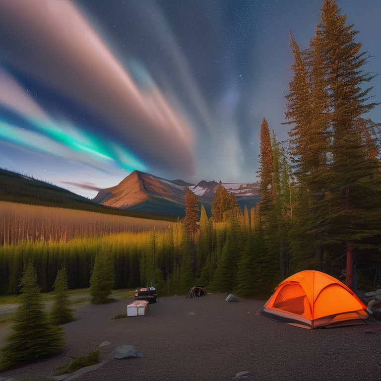 A gray and orange tent rests on a quiet dirt campsite beneath glowing green and purple northern lights. Tall trees surround the camp, with stone patches and a box of gear nearby.