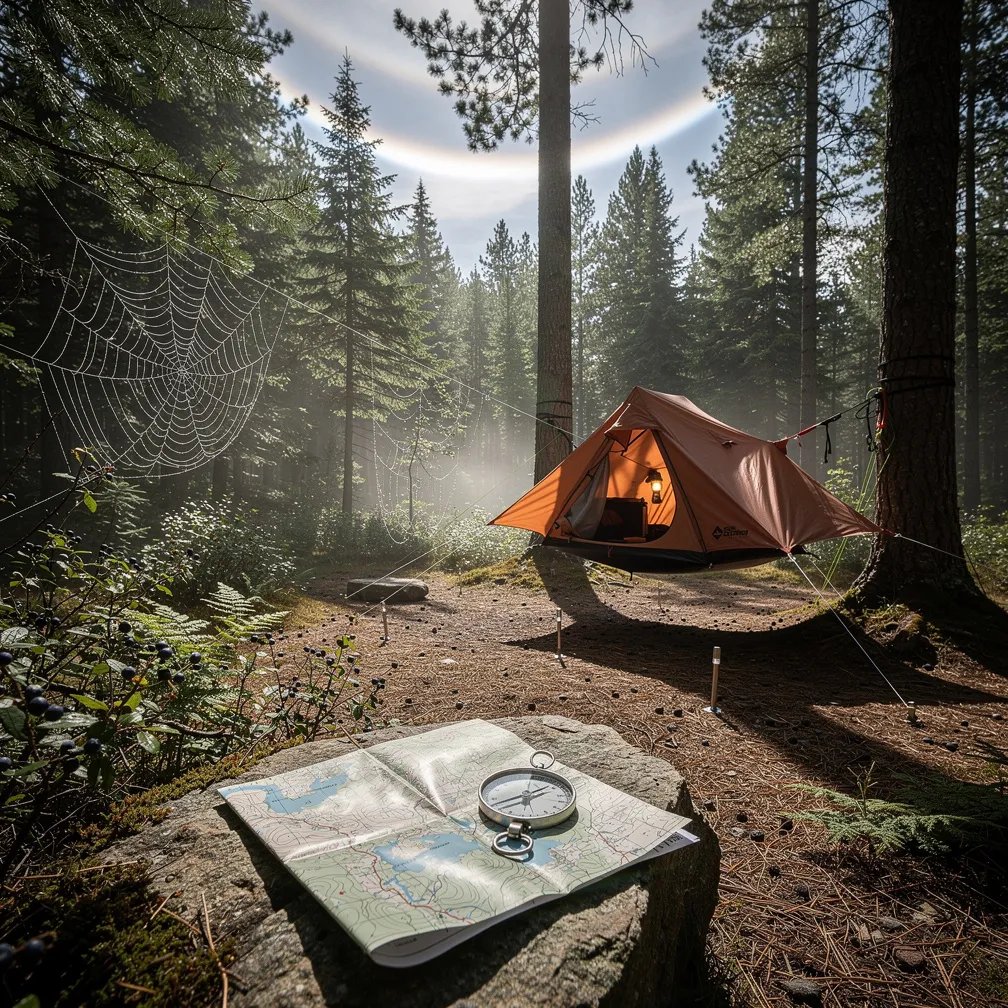 In a quiet boreal forest clearing, a terracotta tree tent hangs between two tall pine trees over soft needles and packed earth. Sunlight filters through the canopy, casting sharp shadows while a faint haze drifts in the air. A tiny spider web sparkles with dew, and a map with a compass sits on a rock, ready for an adventure.