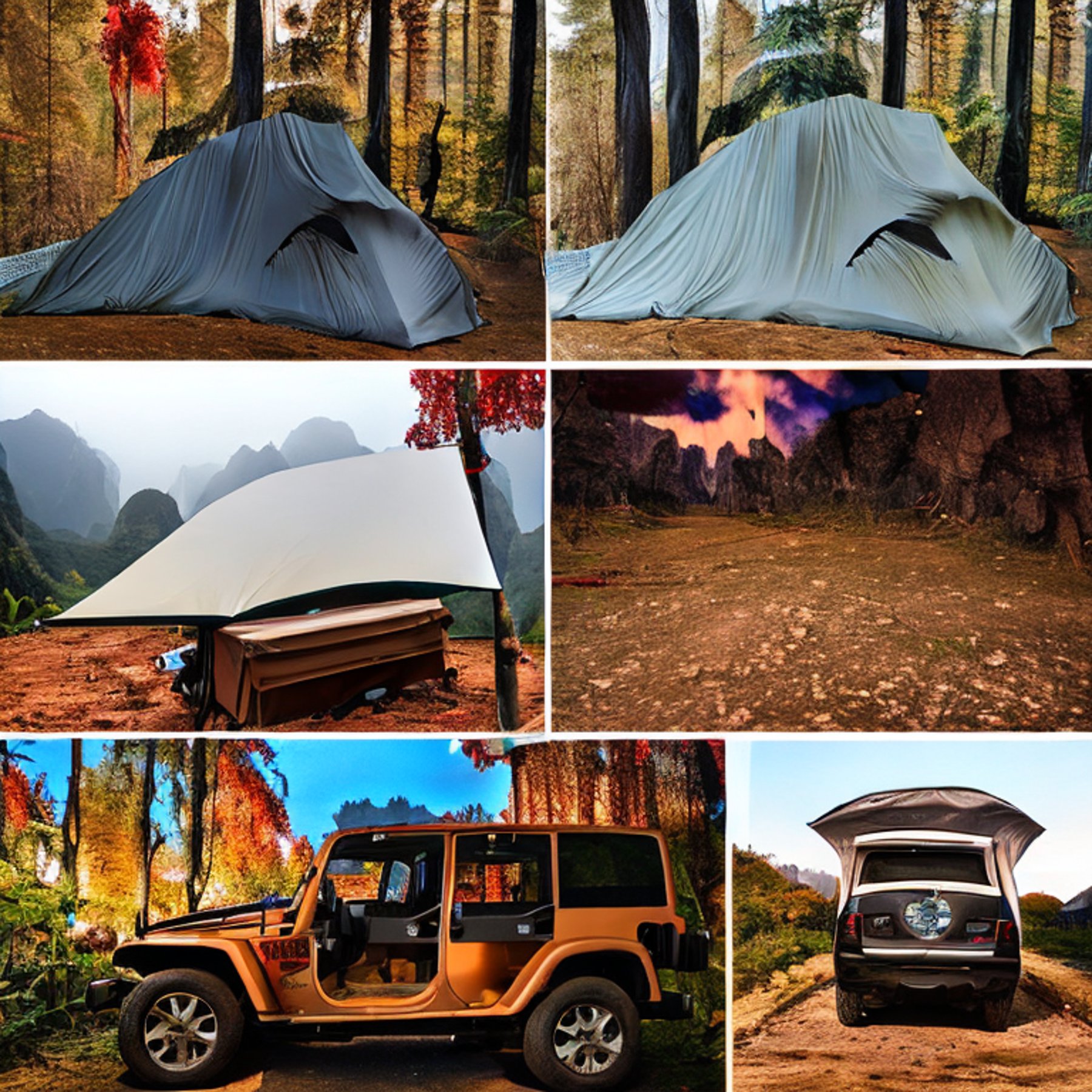A brown Jeep with an open rooftop tent rests at a quiet campsite in Zhangjiajie. Fall-colored trees surround the dirt path, while a hammock and camping gear invite cozy adventures. Rainy night clouds drift beneath a sky sprinkled with stars.