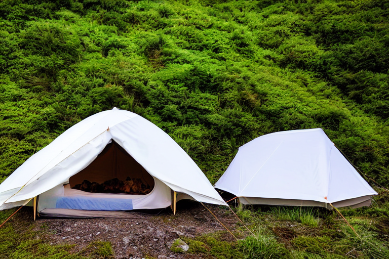 A white tent glows softly on a quiet dirt campsite in Miyajima, Japan. Tall grass and stone patches surround the tent beneath a clear, starry sky.