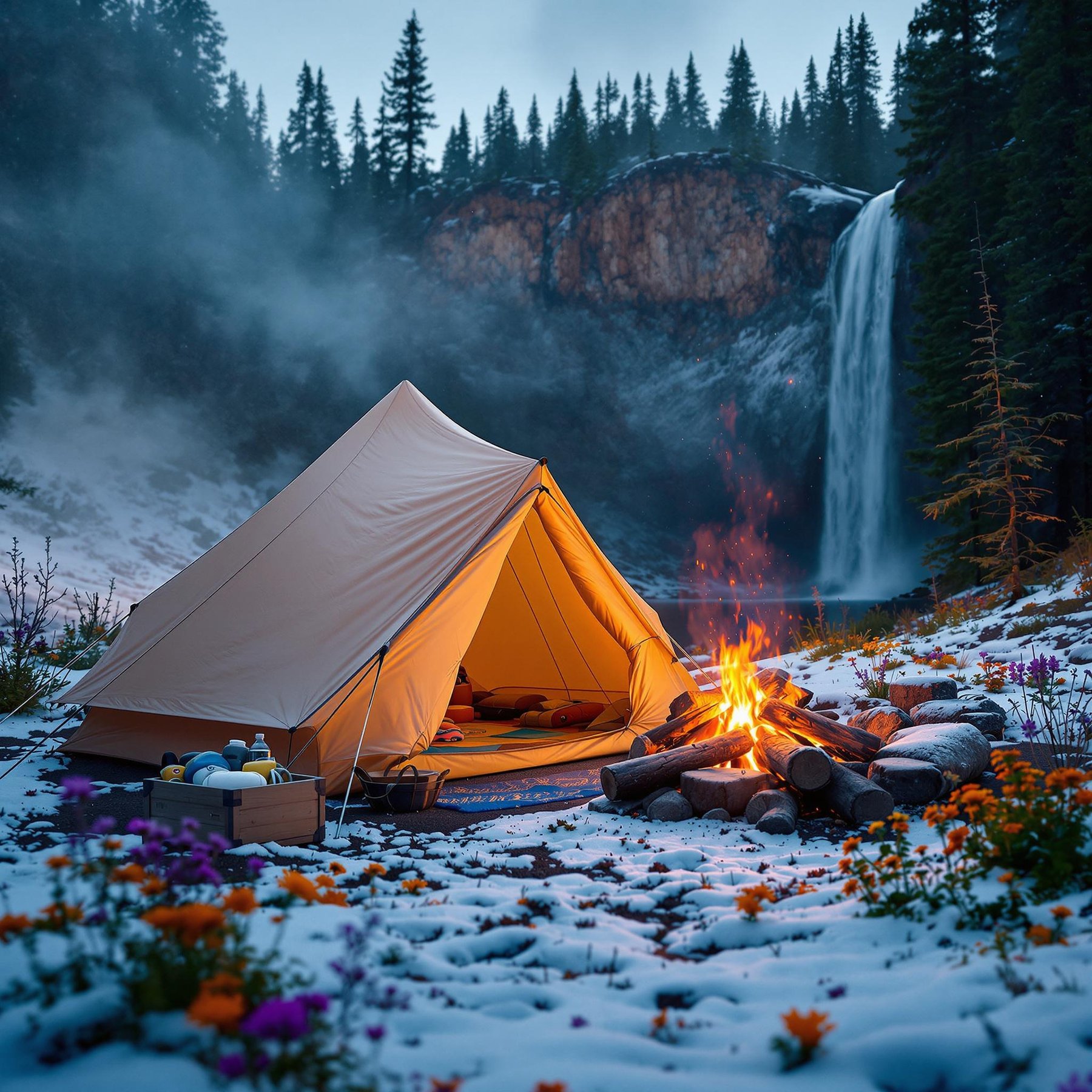 A warm, golden tent sits snugly by a glowing campfire, surrounded by a sprinkle of colorful wildflowers on the snowy ground. Nearby, a majestic waterfall cascades down rocks, filling the air with a soothing roar. Tall trees stand watch, adding a magical touch to this cozy campsite.