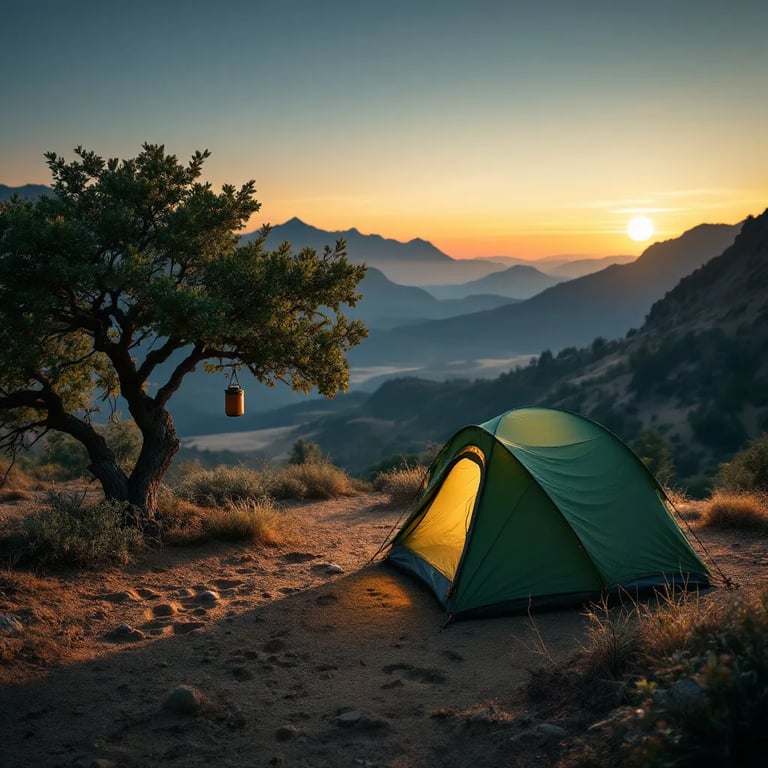 A green and tan tent rests among the trees of Smoky Mountain National Park at golden hour. A pale moon hangs above, while a bear-proof food container swings from a branch near a berry bush. Animal tracks mark the dirt, and hazy sand dunes stretch in the distance.