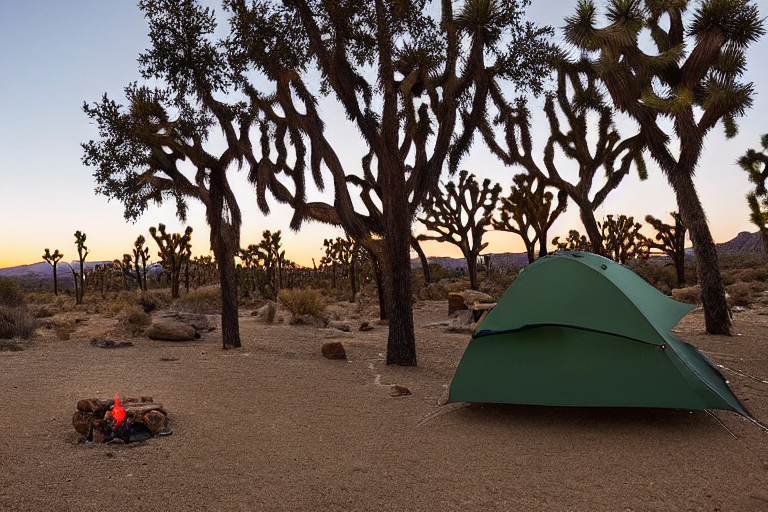 A cozy tent sits beside a warm campfire in snowy Joshua Tree National Park. A clear stream winds through the campsite, while hikers and a deer enjoy the quiet sunset.