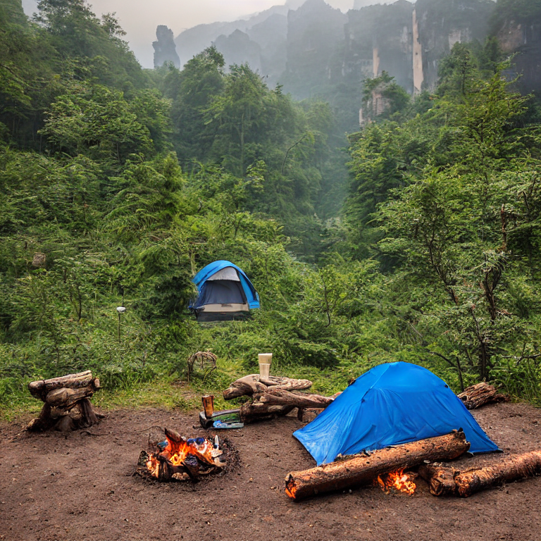 A gray and blue tent rests on a quiet dirt patch beneath a clear sunrise sky. Nearby, a warm campfire sits among stones and logs, with small trees and bright flowers adding charm to the campsite.