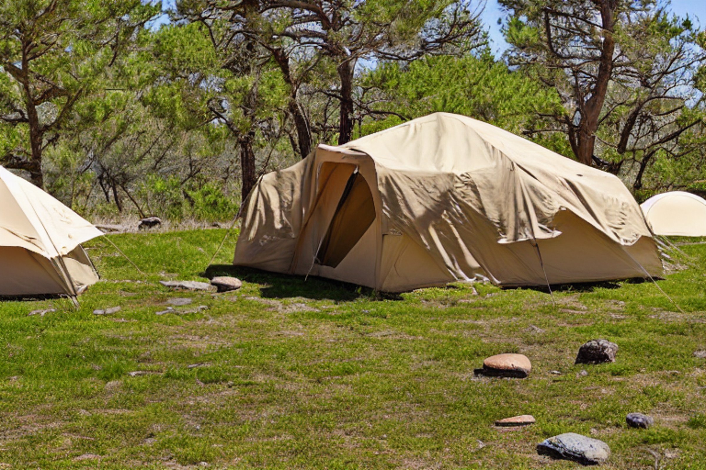 A green and tan tent rests beside a warm campfire in the sunny New Mexico desert. Rocky ground, large stone slabs, and mossy trees surround the peaceful campsite, with a dirt patch and parking spot nearby.