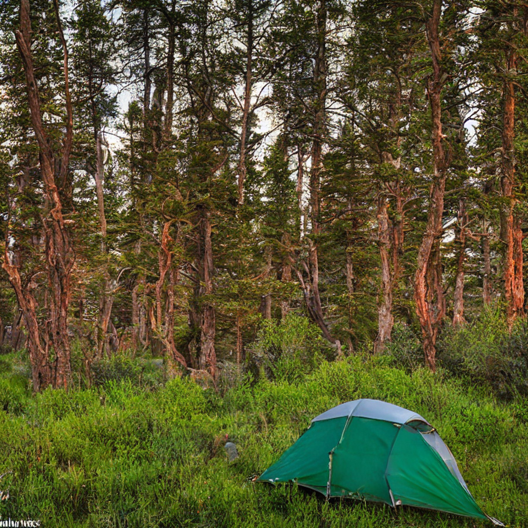 A green tent rests beside a warm campfire in a quiet Monument Valley campsite. Fog drifts through mossy trees, tall grass, and berry bushes, while a dirt path leads through the peaceful dusk.