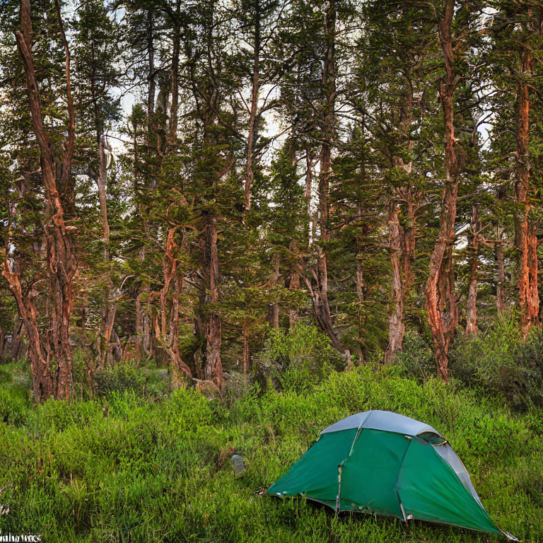 A green tent rests beside a warm campfire in a quiet Monument Valley campsite. Fog drifts through mossy trees, tall grass, and berry bushes, while a dirt path leads through the peaceful dusk.