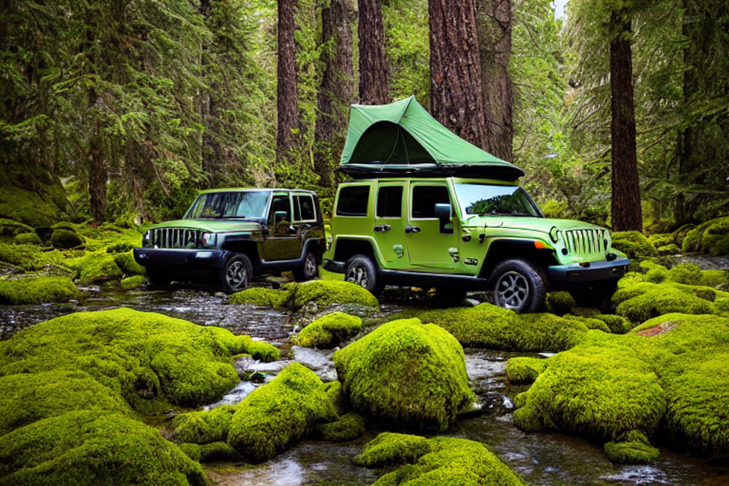 A forest green jeep with a rooftop tent rests beside a warm campfire under mossy trees. Small flowers and clear streams brighten the cool California coast, while a distant flashlight glows through the cloudy night.