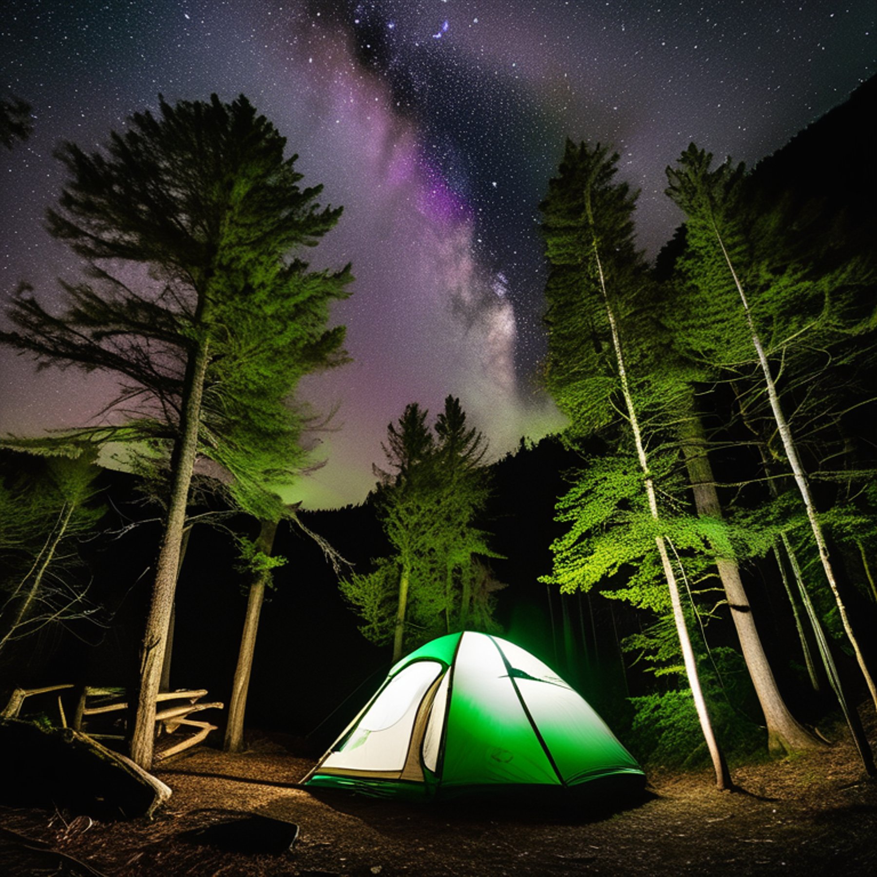 A green tent rests on a quiet dirt clearing beneath moss-covered trees. The soft glow inside the tent warms the cool night, while bright northern lights dance across the clear sky.