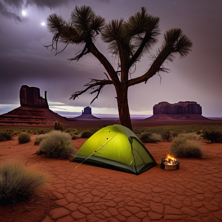 A cozy tent rests on a dirt campsite beneath the towering red rocks of Monument Valley. Mossy trees, tall grass, and large stone slabs surround the camp, while rain gives the quiet night a fresh, peaceful feel. A box of camping gear sits nearby.