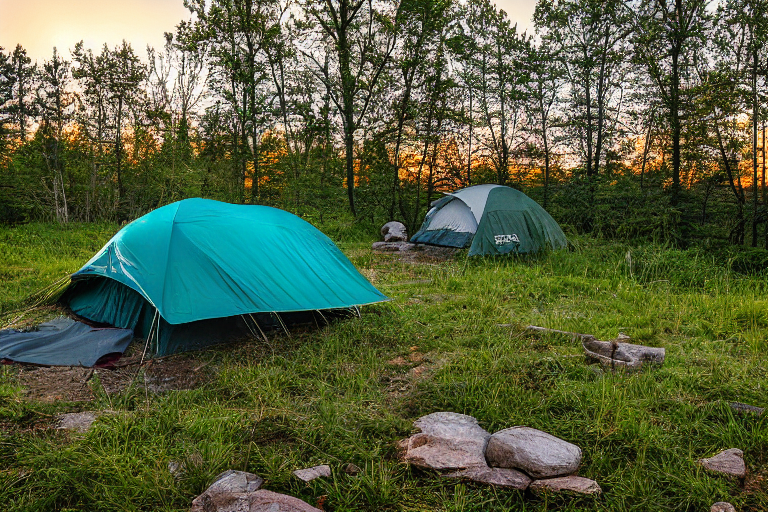 A teal tent rests on a dirt campsite as a clear stream winds through the tall grass. Snow falls softly over the rolling hills, while a lantern adds a warm glow to the quiet sunrise.